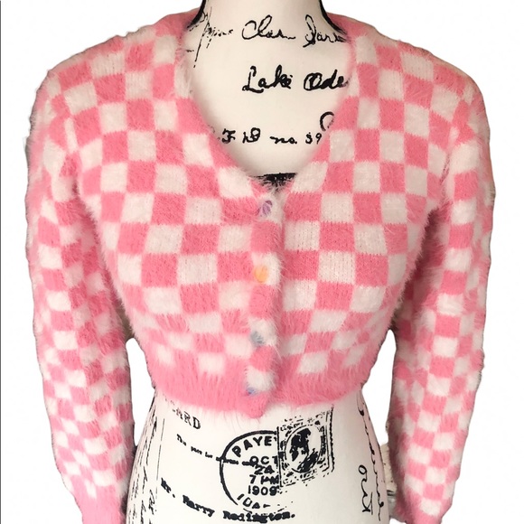 Plaid sweater pink white womens cardigan long heart buttons - Picture 11 of 12